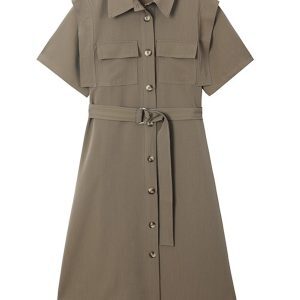 Elegant Hepburn Style Shirt Dress for Women - Flattering Waist, Long Design, Perfect for Summer 2025 Workwear and Casual Outings