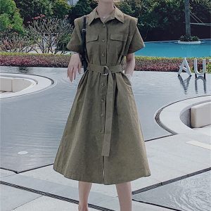 Elegant Hepburn Style Shirt Dress for Women - Flattering Waist, Long Design, Perfect for Summer 2025 Workwear and Casual Outings