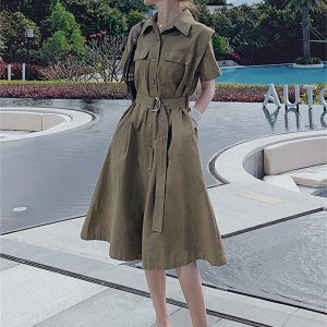 Elegant Hepburn Style Shirt Dress for Women - Flattering Waist, Long Design, Perfect for Summer 2025 Workwear and Casual Outings
