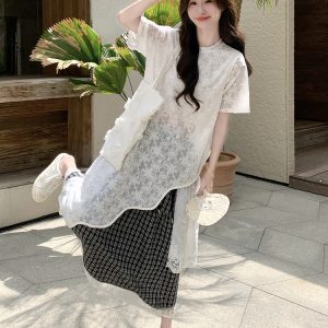 Elegant High-End Lace Short Sleeve Two-Piece Set with Long Skirt for Women - Trendy Summer Outfit, Stylish and Popular Fashion Choice