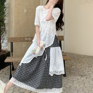 Elegant High-End Lace Short Sleeve Two-Piece Set with Long Skirt for Women - Trendy Summer Outfit, Stylish and Popular Fashion Choice