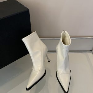 Elegant High-Heeled Pointed Toe Plush White Short Boots for Women - French Slim Style for Autumn Winter 2024