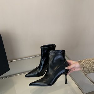 Elegant High-Heeled Pointed Toe Plush White Short Boots for Women - French Slim Style for Autumn Winter 2024