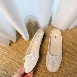 Elegant Lace Hollow-Out Half Slippers for Women – Flat Summer Shoes with Bow Detail, Perfect for Skirts and Gentle Temperament, 2025 Style