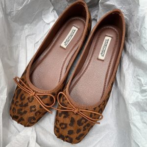 Elegant Leopard Print Mary Jane Shoes with Bow - Spring 2025 Women's Ballet Flats for Gentle Evening Breeze Style