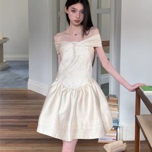 Elegant Off-Shoulder Lace Princess Dress - High-End Parisian Dream Birthday Gown for Women