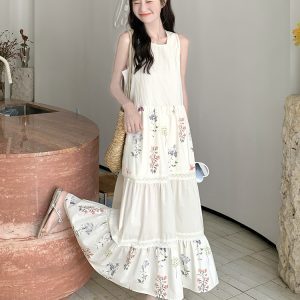Elegant Off-White Sleeveless Maxi Dress for Women - Relaxed Fit Summer 2025 Tank Dress with Unique Style and Beautiful Design