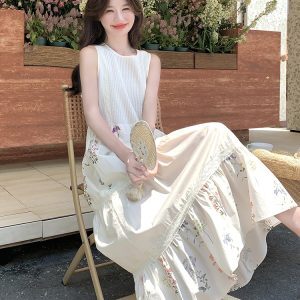 Elegant Off-White Sleeveless Maxi Dress for Women - Relaxed Fit Summer 2025 Tank Dress with Unique Style and Beautiful Design