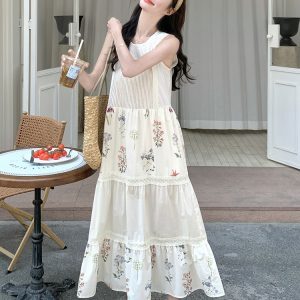 Elegant Off-White Sleeveless Maxi Dress for Women - Relaxed Fit Summer 2025 Tank Dress with Unique Style and Beautiful Design