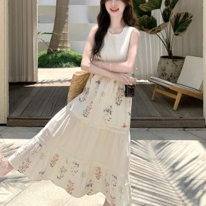 Elegant Off-White Sleeveless Maxi Dress for Women - Relaxed Fit Summer 2025 Tank Dress with Unique Style and Beautiful Design