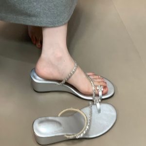 Elegant Open Toe Wedge Heels with Rhinestone Strap - Fashionable French Style Slide Sandals for Chic Summer Looks