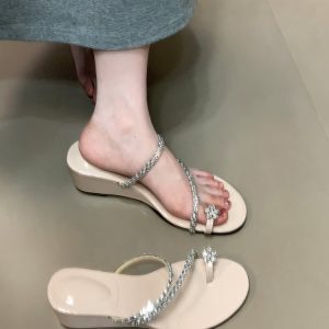 Elegant Open Toe Wedge Heels with Rhinestone Strap - Fashionable French Style Slide Sandals for Chic Summer Looks