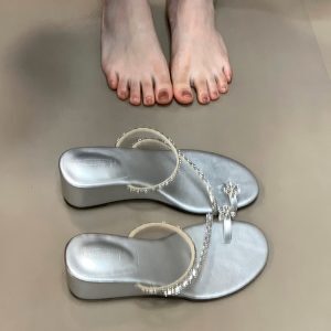 Elegant Open Toe Wedge Heels with Rhinestone Strap - Fashionable French Style Slide Sandals for Chic Summer Looks