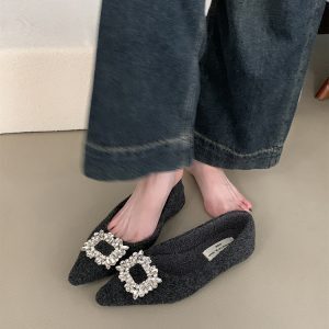 Elegant Pointed Toe Plush Flat Shoes with Square Buckle and Rhinestones for Autumn Winter, Perfect for Evening Wear and Skirts