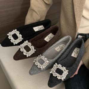 Elegant Pointed Toe Plush Flat Shoes with Square Buckle and Rhinestones for Autumn Winter, Perfect for Evening Wear and Skirts