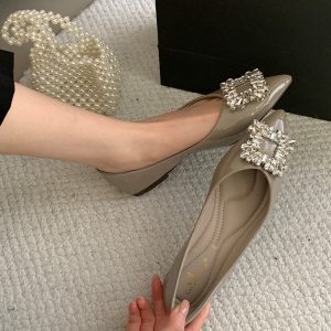 Elegant Red Pointed-Toe Women's Flats with Rhinestone Buckle, Glossy Soft Sole, Perfect for Spring & Autumn Outfits, Ideal for Skirts