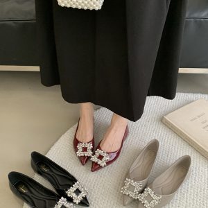 Elegant Red Pointed-Toe Women's Flats with Rhinestone Buckle, Glossy Soft Sole, Perfect for Spring & Autumn Outfits, Ideal for Skirts