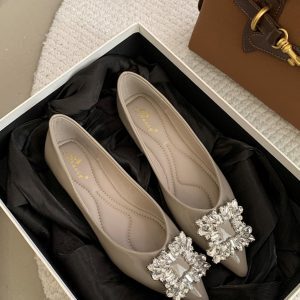 Elegant Red Pointed-Toe Women's Flats with Rhinestone Buckle, Glossy Soft Sole, Perfect for Spring & Autumn Outfits, Ideal for Skirts