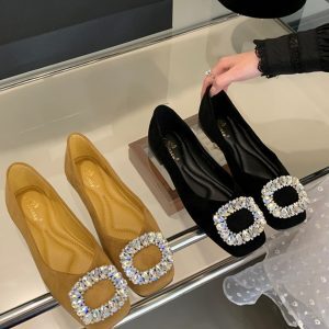 Elegant Rhinestone Buckle Flat Women's Shoes - Spring 2025 Gentle Fairy Style Square Toe Flats