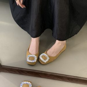 Elegant Rhinestone Buckle Flat Women's Shoes - Spring 2025 Gentle Fairy Style Square Toe Flats
