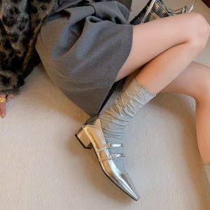 Elegant Silver Mary Jane Shoes for Women – High-End French Design, Square Toe, One-Strap Buckle, Chunky Heel Flats