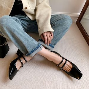 Elegant Silver Mary Jane Shoes for Women – High-End French Design, Square Toe, One-Strap Buckle, Chunky Heel Flats
