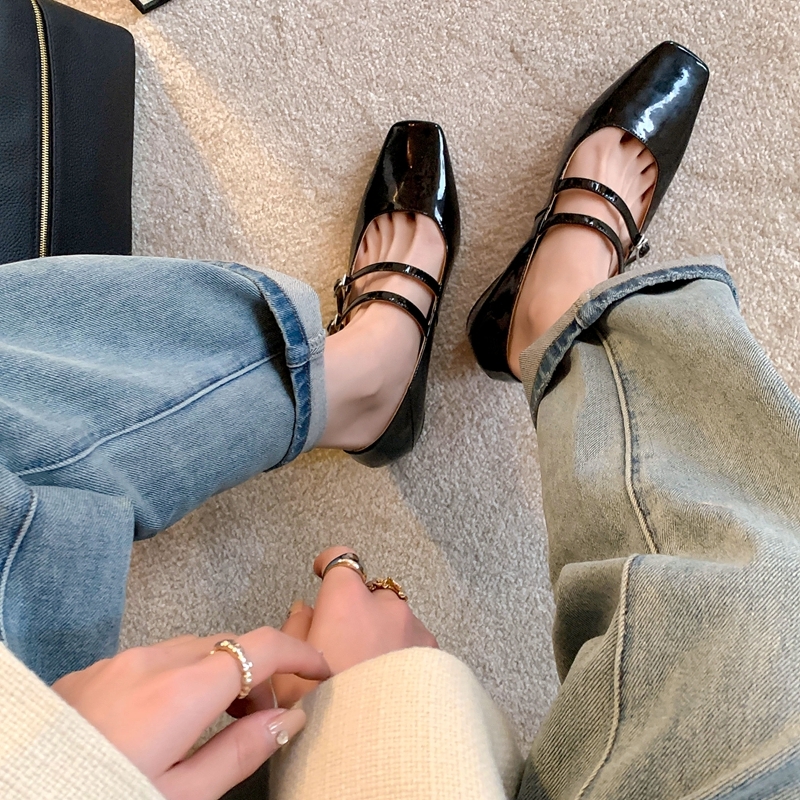 Elegant Silver Mary Jane Shoes for Women – High-End French Design, Square Toe, One-Strap Buckle, Chunky Heel Flats