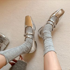 Elegant Silver Mary Jane Shoes for Women – High-End French Design, Square Toe, One-Strap Buckle, Chunky Heel Flats