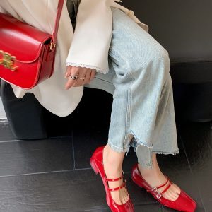 Elegant Silver Mary Jane Shoes for Women – High-End French Design, Square Toe, One-Strap Buckle, Chunky Heel Flats