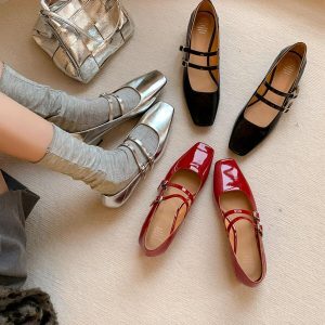 Elegant Silver Mary Jane Shoes for Women – High-End French Design, Square Toe, One-Strap Buckle, Chunky Heel Flats