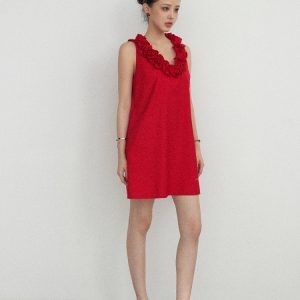 Elegant Slimming French Knot Rose Sleeveless Dress - Summer Short Skirt Tank Dress in Y2K Style