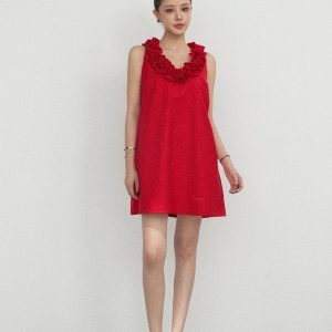Elegant Slimming French Knot Rose Sleeveless Dress - Summer Short Skirt Tank Dress in Y2K Style