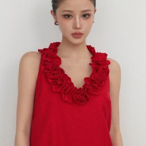 Elegant Slimming French Knot Rose Sleeveless Dress - Summer Short Skirt Tank Dress in Y2K Style
