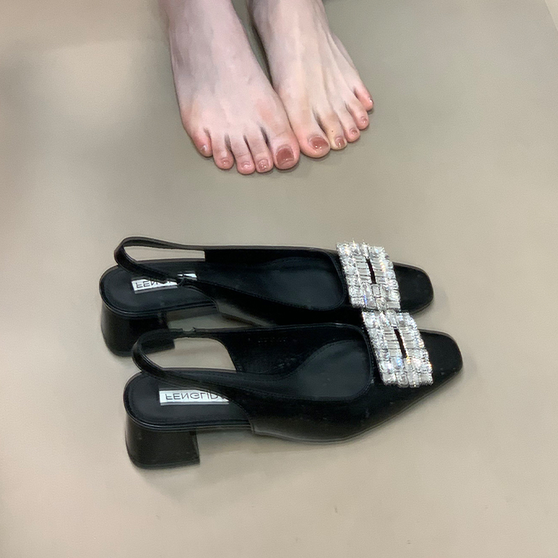 Elegant Square Toe Backless High Heel Rhinestone Sandals for Women - Fashionable Ocean One Commuting Flats