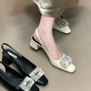 Elegant Square Toe Backless High Heel Rhinestone Sandals for Women - Fashionable Ocean One Commuting Flats
