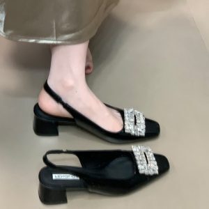 Elegant Square Toe Backless High Heel Rhinestone Sandals for Women - Fashionable Ocean One Commuting Flats