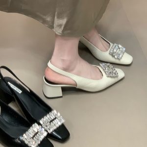 Elegant Square Toe Backless High Heel Rhinestone Sandals for Women - Fashionable Ocean One Commuting Flats