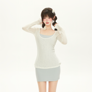 Elegant Summer Long Sleeve Cover-Up and Camisole Dress Set for Women, Fitted Short Skirt Two-Piece Outfit for Sun Protection