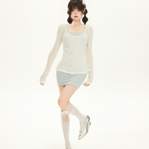 Elegant Summer Long Sleeve Cover-Up and Camisole Dress Set for Women, Fitted Short Skirt Two-Piece Outfit for Sun Protection