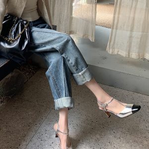 Elegant T-strap High Heel Sandals for Women, French Silver Mary Jane Style, Chic Wind Bag Design, Perfect for Young Ladies
