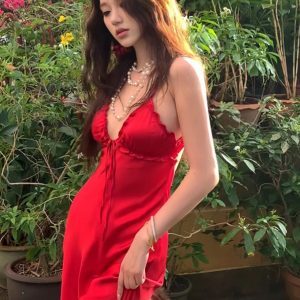 Elegant Vintage French Red Strapless Satin Dress with Hollow Back - Long Summer Vacation Dress for Women