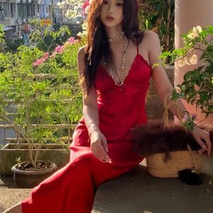 Elegant Vintage French Red Strapless Satin Dress with Hollow Back - Long Summer Vacation Dress for Women