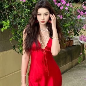 Elegant Vintage French Red Strapless Satin Dress with Hollow Back - Long Summer Vacation Dress for Women