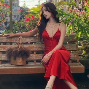 Elegant Vintage French Red Strapless Satin Dress with Hollow Back - Long Summer Vacation Dress for Women