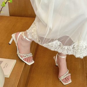 Elegant White One-Strap Rhinestone Square-Toe Stiletto High-Heeled Sandals for Summer Socialite Style