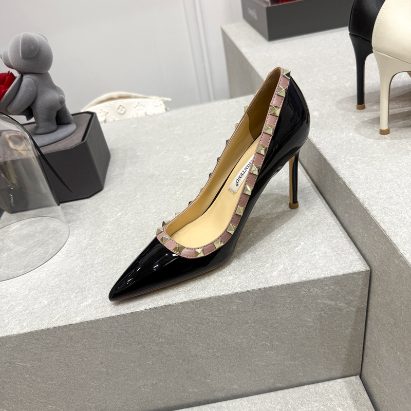Elegant White Patent Leather Color-Blocking Studded Ultra-High Heel Shoes - Spring 2025 Fashion