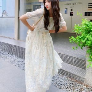 Elegant White Puff Sleeve Dress for Women - Summer 2025 Tea Break Style, Waist-Cinching, Long Length, Gentle Temperament Fashion