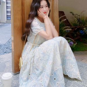 Elegant White Puff Sleeve Dress for Women - Summer 2025 Tea Break Style, Waist-Cinching, Long Length, Gentle Temperament Fashion