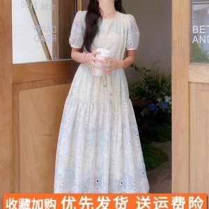 Elegant White Puff Sleeve Dress for Women - Summer 2025 Tea Break Style, Waist-Cinching, Long Length, Gentle Temperament Fashion
