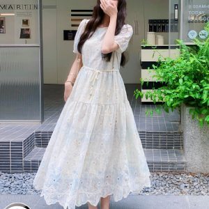 Elegant White Puff Sleeve Dress for Women - Summer 2025 Tea Break Style, Waist-Cinching, Long Length, Gentle Temperament Fashion